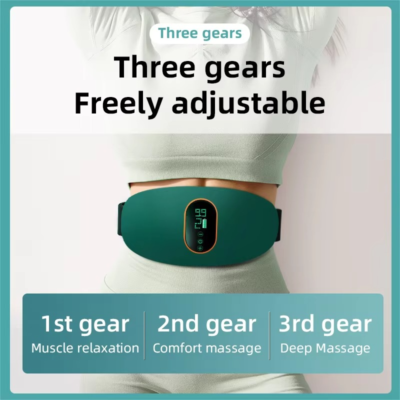 Dark green Fitlybuy EMS heated waist massage belt with digital display worn by a person, showing 3 adjustable levels.