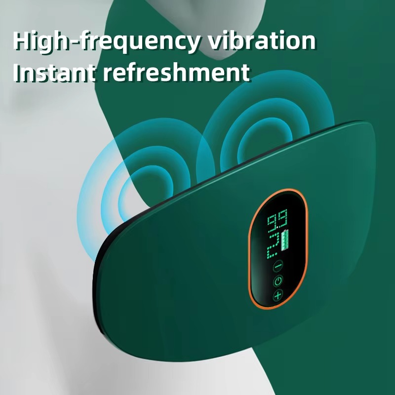 Green Fitlybuy EMS heated waist massage belt with digital display, touch buttons, and vibration pulse graphics.