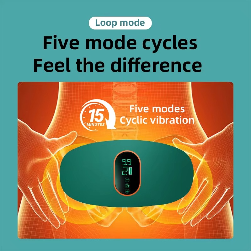 Fitlybuy green EMS heated waist belt with digital display, showing 15-min cyclic vibration modes on a torso graphic.