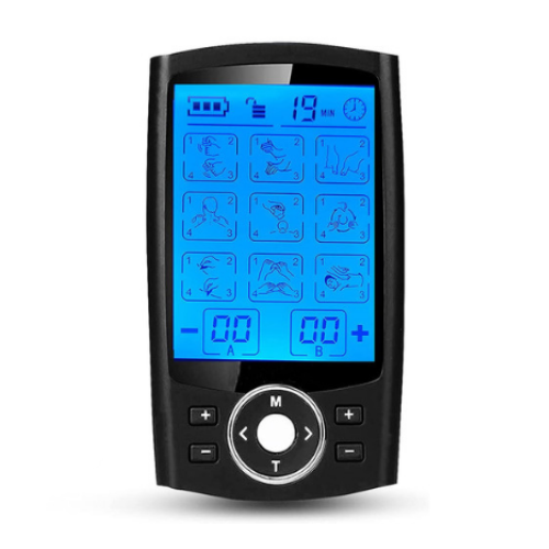 Black Fitlybuy HealTech TENS/EMS unit with bright blue backlit LCD screen showing therapy modes and intensity settings.