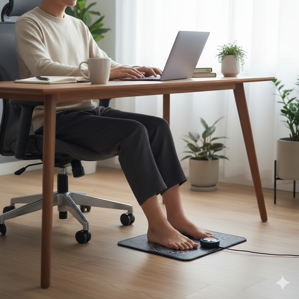 Fitlybuy EMS black foot massager pad with circular controller, being used under a desk in a home office setting.
