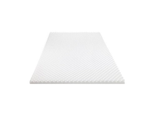 White Fitlybuy egg crate memory foam mattress topper with cooling gel technology isolated on a white background.
