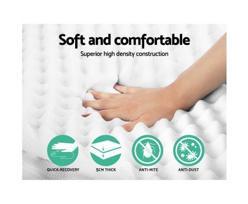 Hand pressing a white Fitlybuy egg crate memory foam mattress topper with feature icons for cooling, 5cm depth, and care.