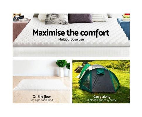 Fitlybuy white egg crate memory foam mattress topper with cooling gel on a bed, floor, and in a camping tent.