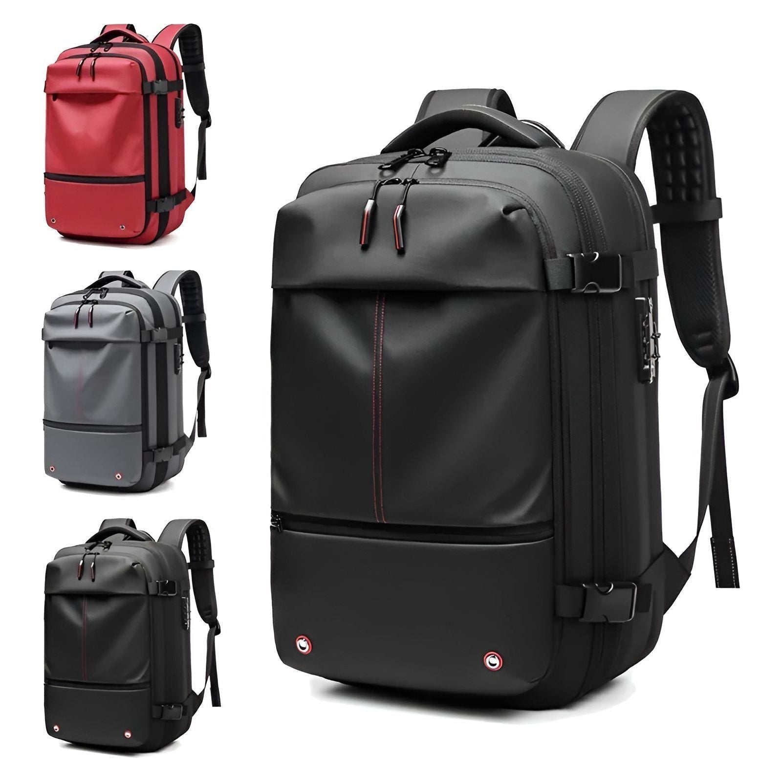 Fitlybuy Lara JetPack waterproof travel backpack in black, grey, and red. Large capacity design with carry-on straps.