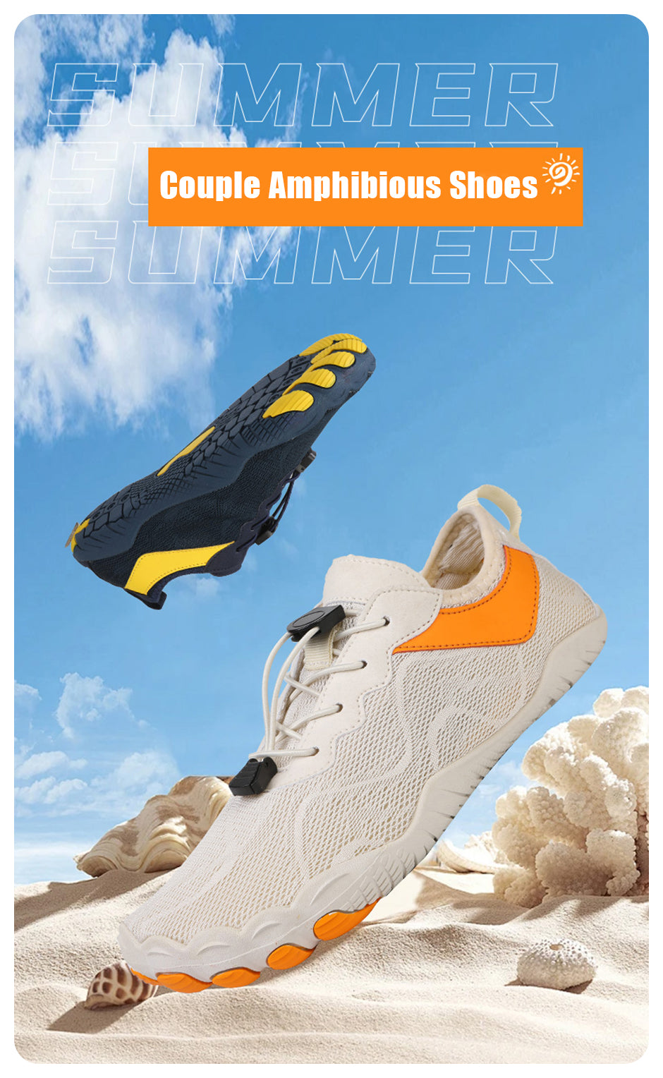 Fitlybuy AquaStep non-slip barefoot water shoes in beige and navy on a beach, featuring quick-dry mesh and toggle laces.