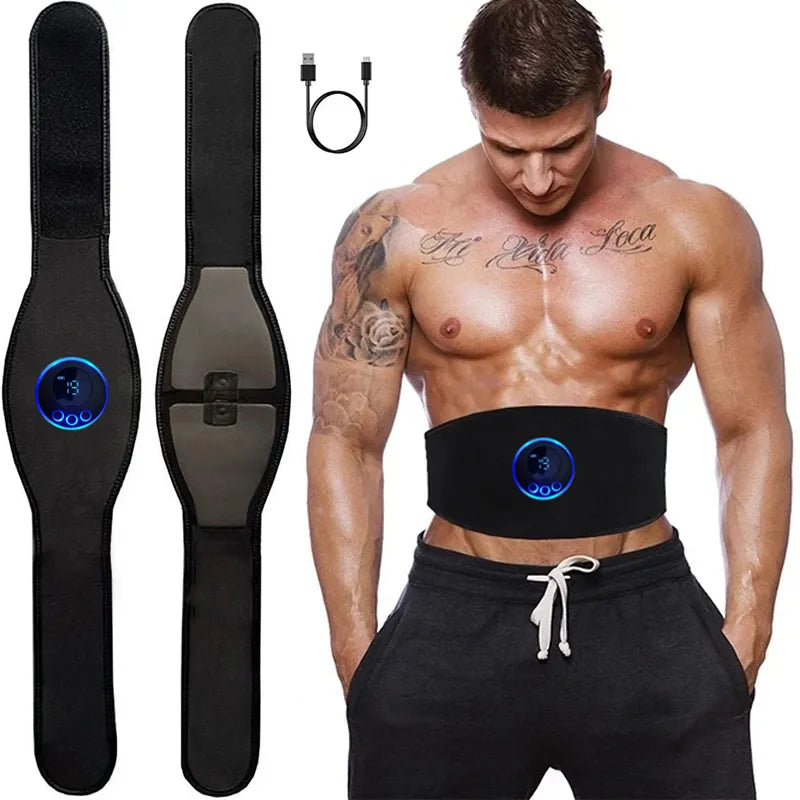 Fitlybuy CoreMaster black EMS toning belt with blue LED display and USB cable, worn by a muscular man on his abdomen.