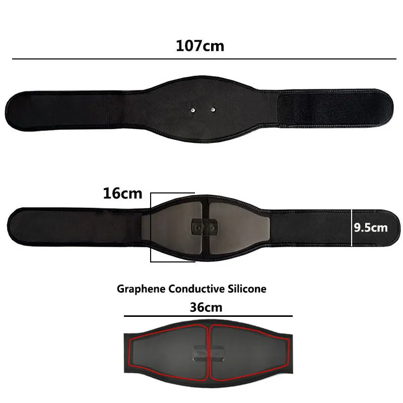 Fitlybuy CoreMaster EMS belt with dimensions, graphene conductive silicone pads, and black adjustable strap design.