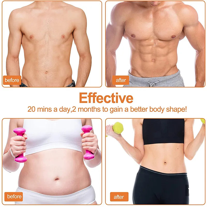 Fitlybuy CoreMaster EMS before-and-after transformation photos showing muscle toning results for men and women.