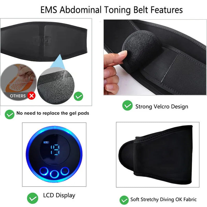 Fitlybuy CoreMaster EMS toning belt: black, Velcro strap, no-gel design, LCD display, and soft, stretchy diving fabric.