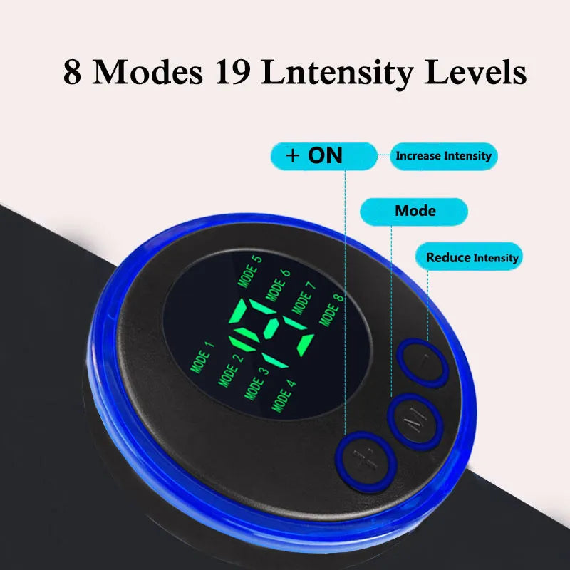 Fitlybuy CoreMaster EMS toning device with 8 modes, 19 intensity levels, digital display, and circular control buttons.