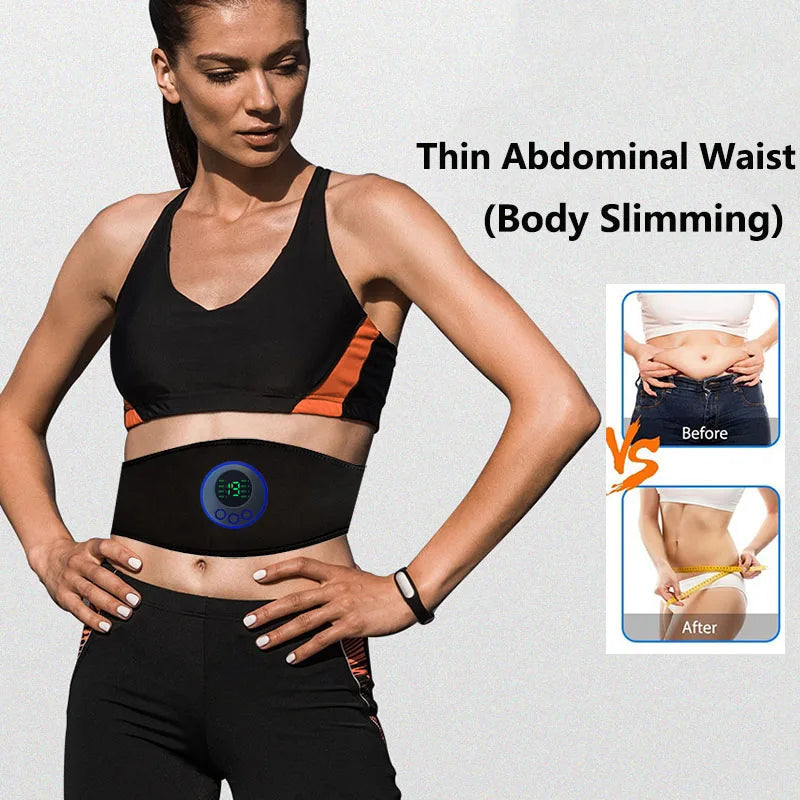 Fitlybuy CoreMaster black EMS toning belt with blue digital display on a woman, showing before/after results.