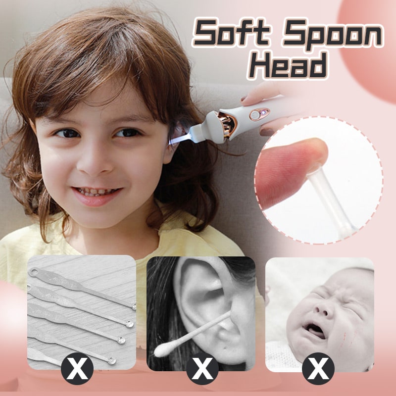 Fitlybuy white and rose gold electric ear wax remover with light and soft spoon head used on a smiling child.