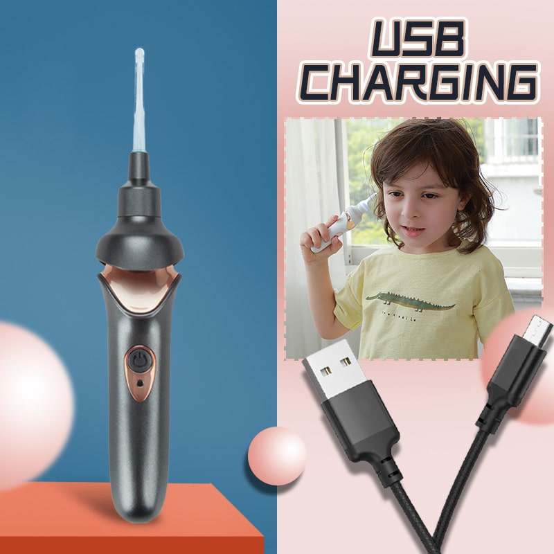 Fitlybuy painless ear wax removal kit in dark grey/rose gold, shown with USB charging cable and child user.