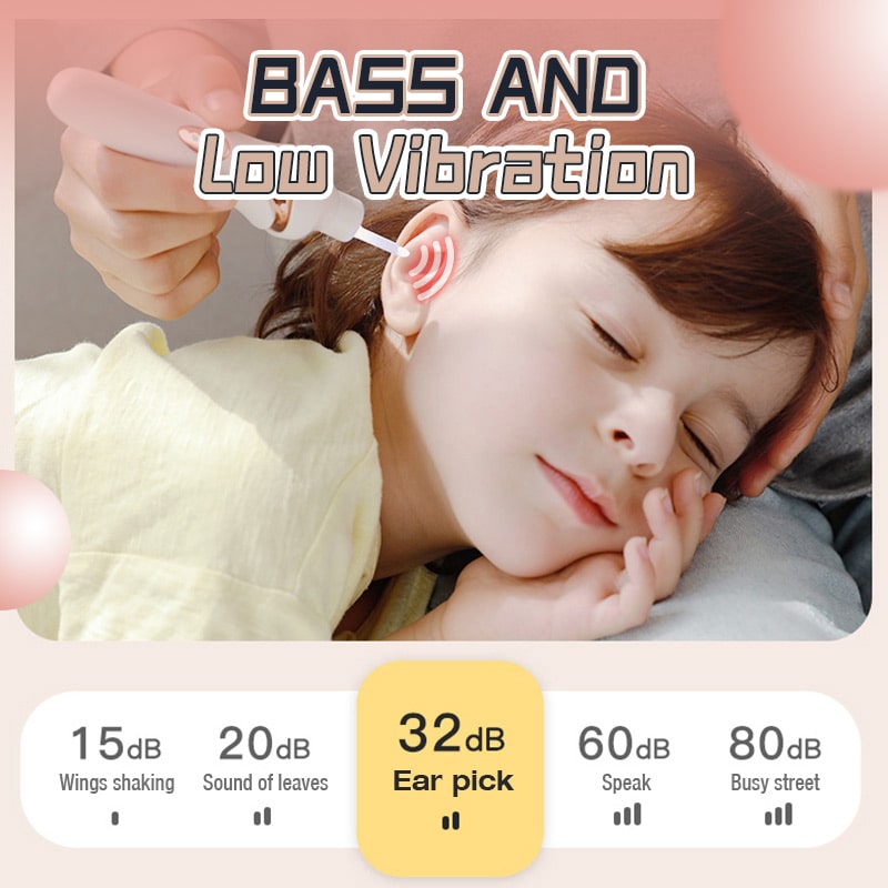 Fitlybuy painless pink ear wax removal tool used on a sleeping child, showing low vibration and 32dB quiet operation.