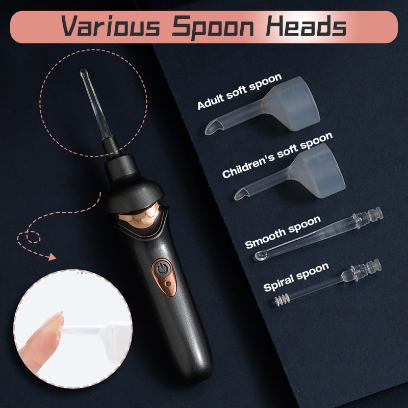 Fitlybuy black ear wax removal tool with four interchangeable silicone and clear spoon heads for family use.