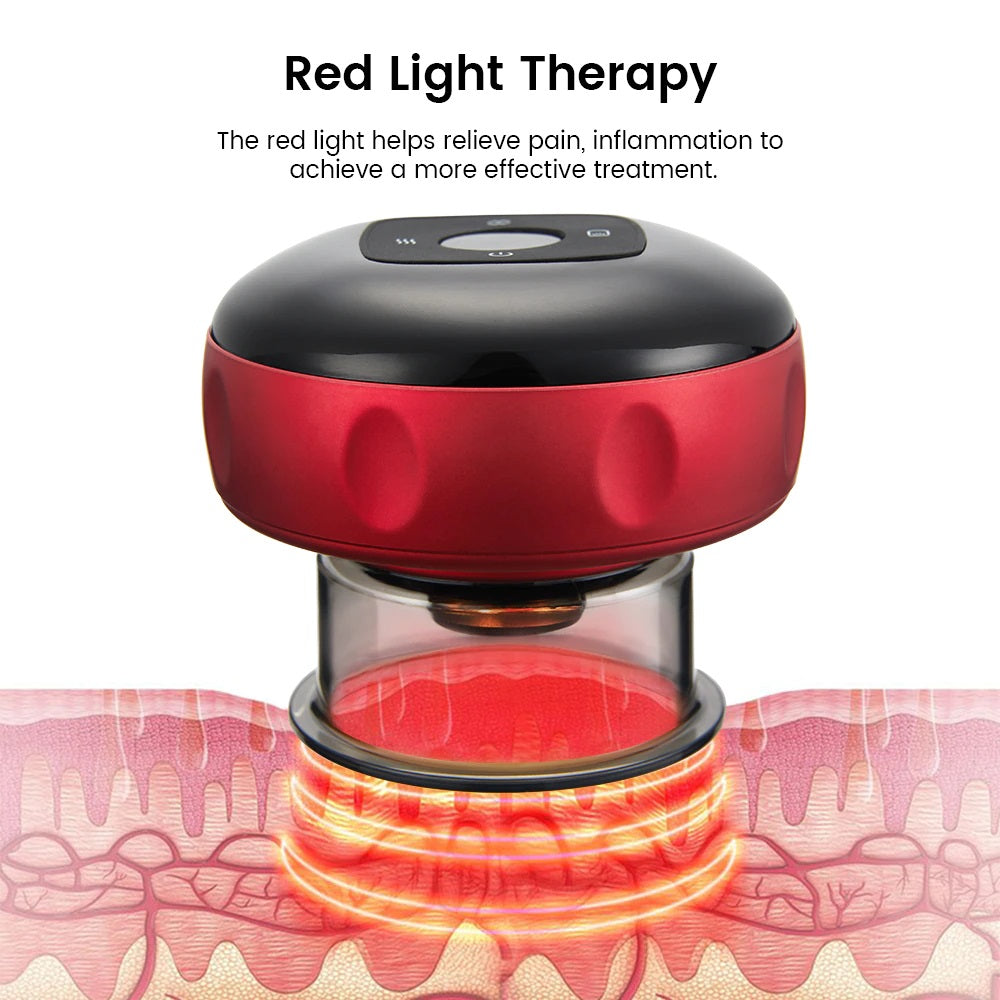 Fitlybuy red and black electric vacuum cupping massager with red light therapy applied to skin for pain relief.