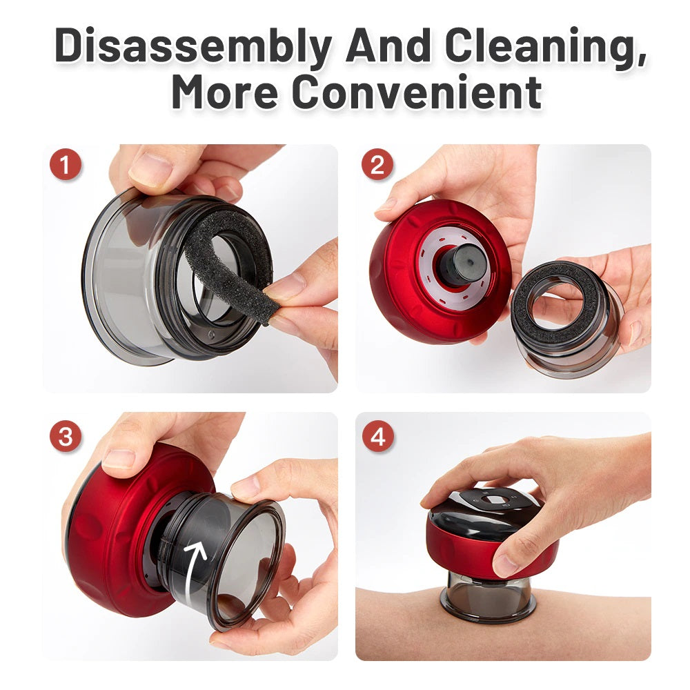 Fitlybuy Electric Vacuum Cupping Massager disassembly guide showing a red device with a removable cup and filter.