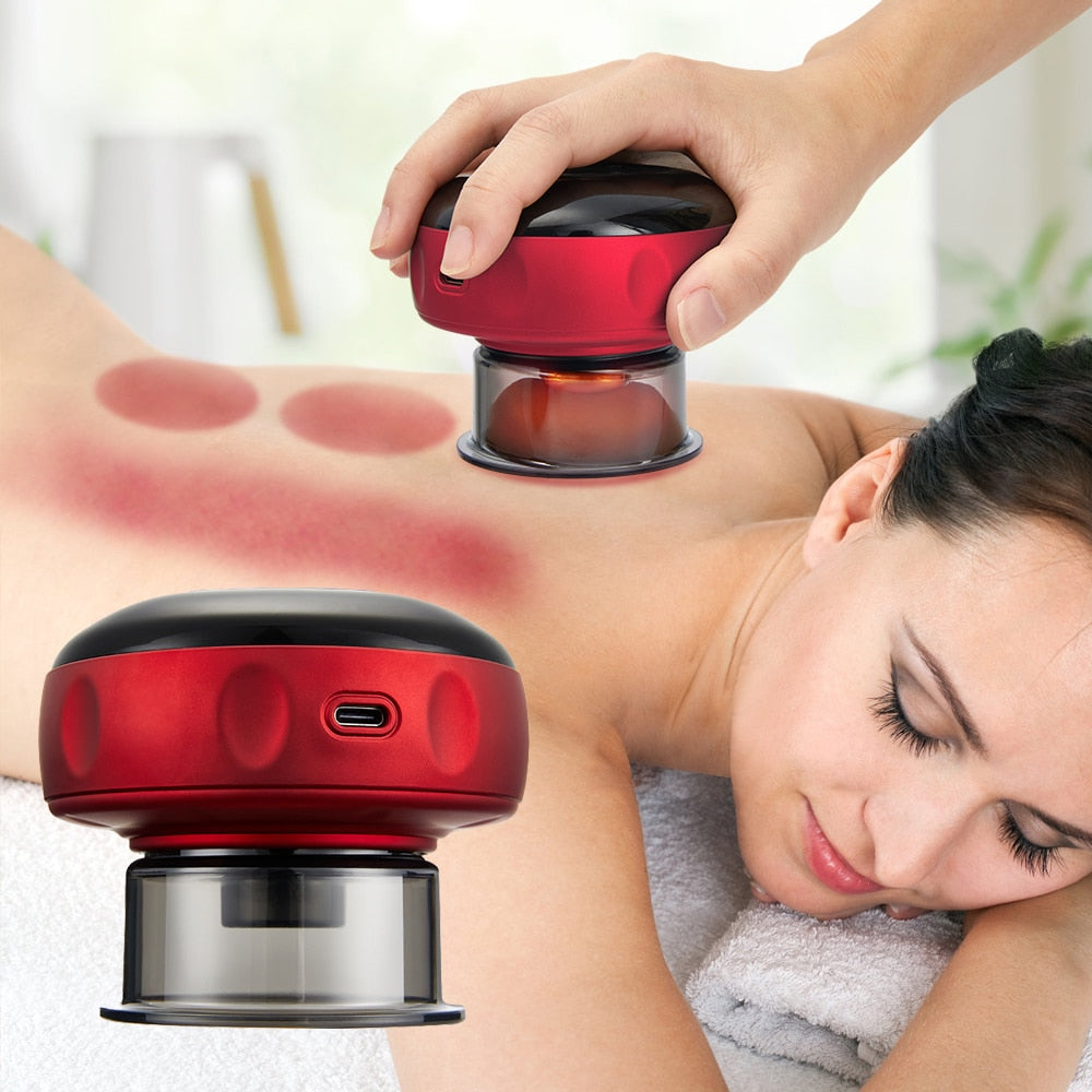 Red and black Fitlybuy electric vacuum cupping massager on a person's back, showing suction therapy in a spa setting.