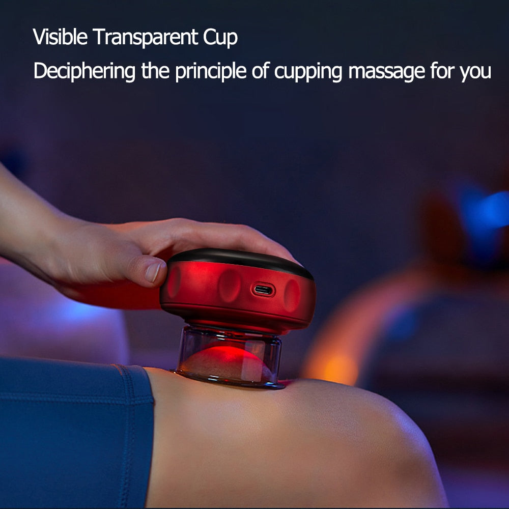 Fitlybuy red electric vacuum cupping massager with a transparent cup on a person’s leg, highlighting suction therapy.