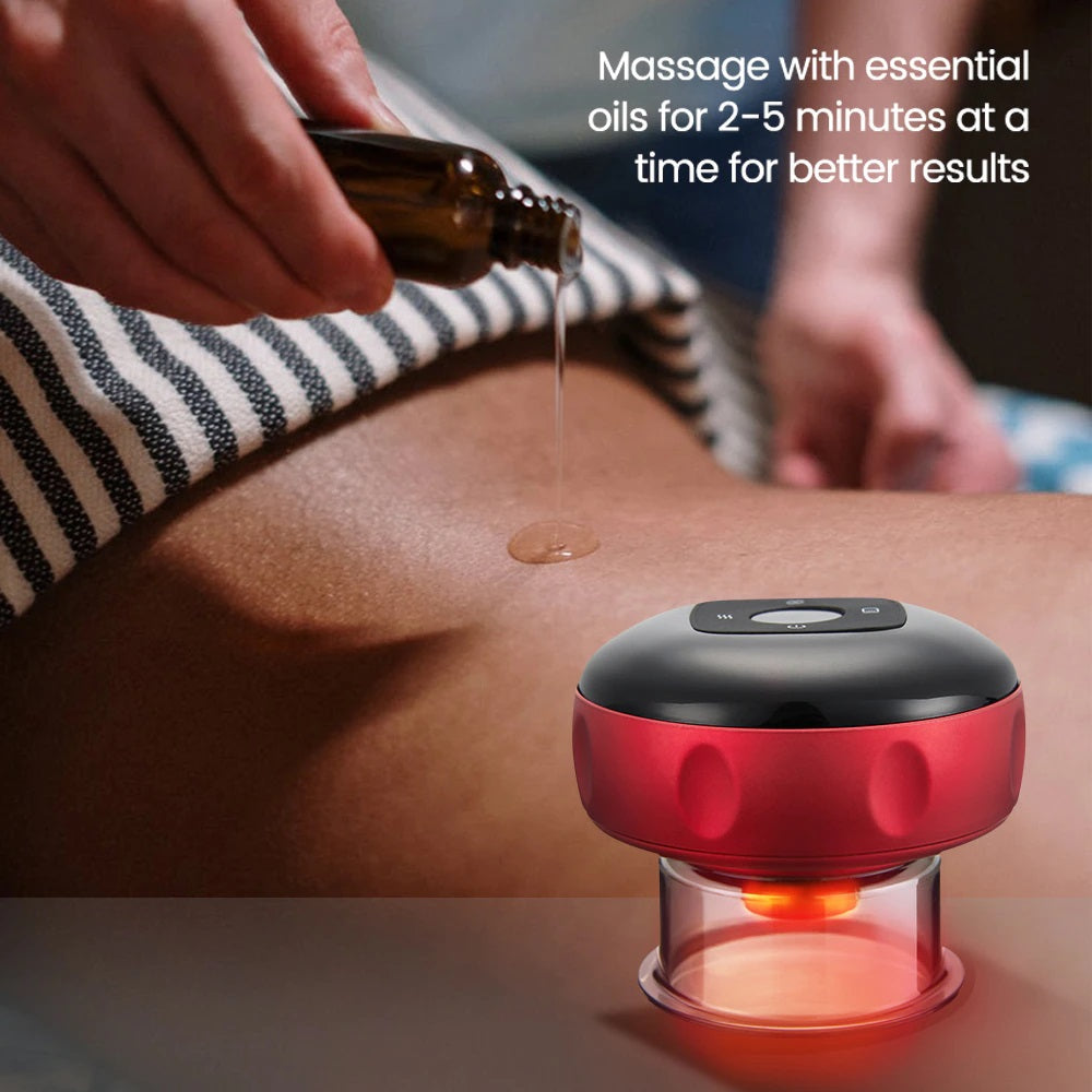 Fitlybuy red electric vacuum cupping massager with suction therapy, shown applied to skin with oil for massage.