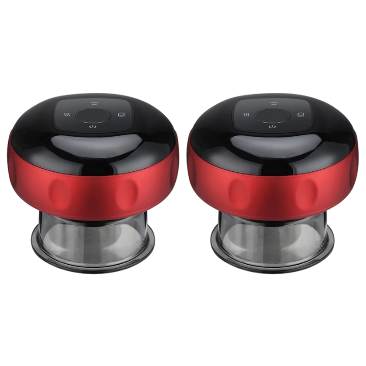 Two red and black Fitlybuy electric vacuum cupping massagers with clear suction cups and digital control interfaces.