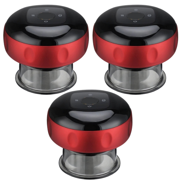 Three Fitlybuy electric vacuum cupping massagers with black-and-red control tops and transparent suction cups.