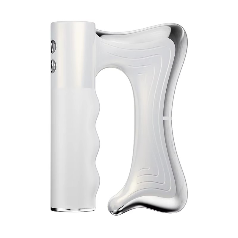 White Fitlybuy electric fascia massager with heat and microcurrent tech, featuring a contoured grip and silver edges.