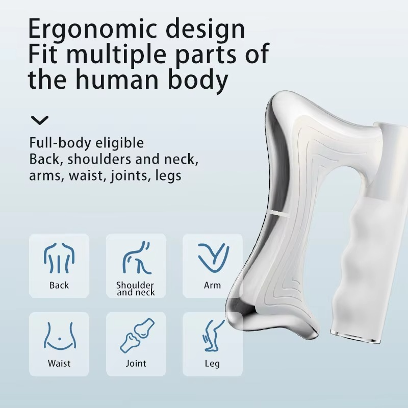 Silver Fitlybuy electric massager with ergonomic handle, showing icons for back, neck, arm, waist, joint, and leg use.
