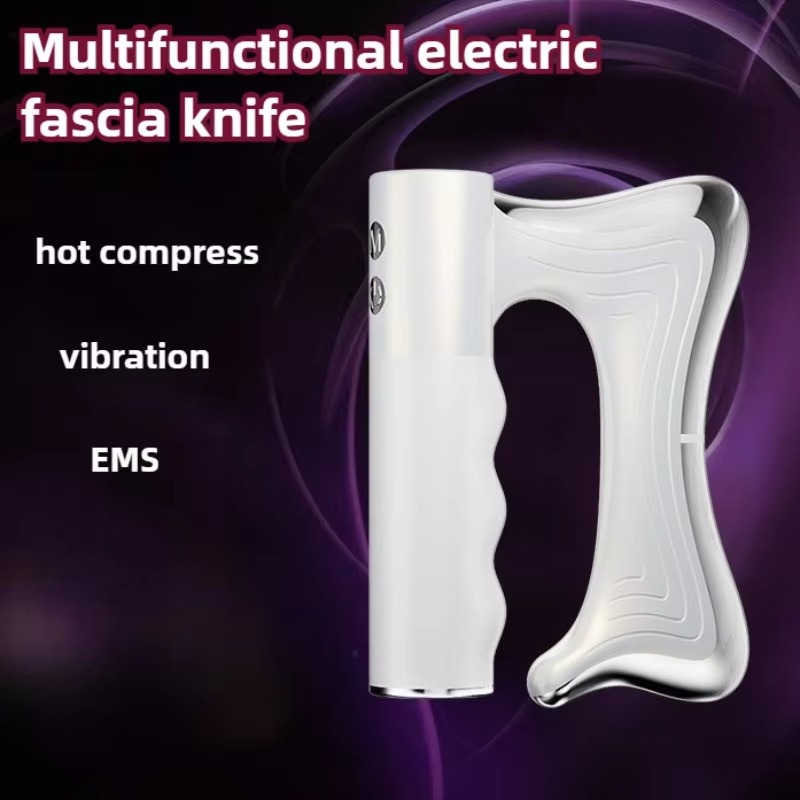 White electric Fitlybuy fascia massager featuring heat, vibration, and EMS therapy against a purple abstract background.