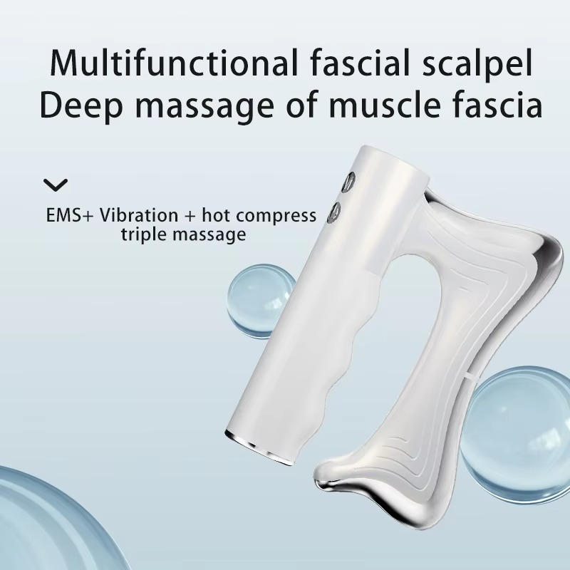 White Fitlybuy electric massager featuring EMS, vibration, and heat therapy in a sleek, ergonomic scalpel-style design.