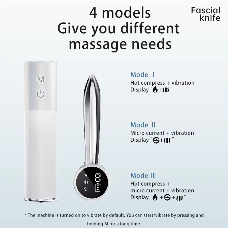 Fitlybuy electric white and silver fascia massager with heat, microcurrent, vibration modes, and digital display screen.
