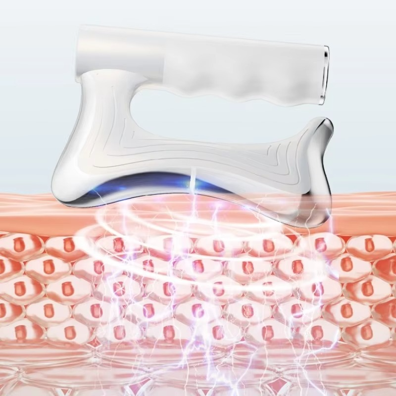 Fitlybuy white electric massager applying microcurrent therapy to a cross-section of human skin.