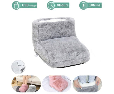 Fitlybuy grey plush electric foot warmer with USB, 8-hour heat, 10-minute fast charge, and cozy fleece interior.