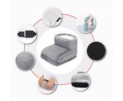 Fitlybuy gray, plush electric foot warmer with USB, non-slip base, and machine-washable heating pad features.