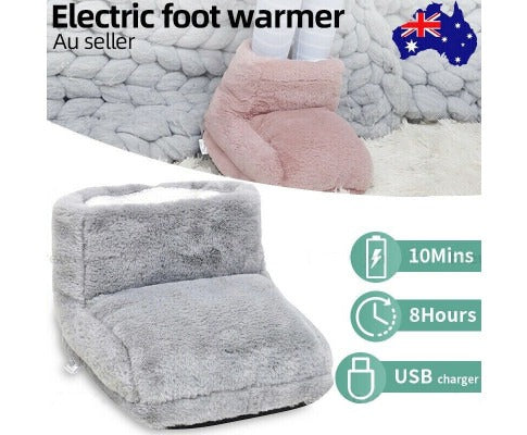 Fitlybuy plush, grey and pink electric foot warmers featuring ultra-soft heating, USB charging, and 8-hour battery life.