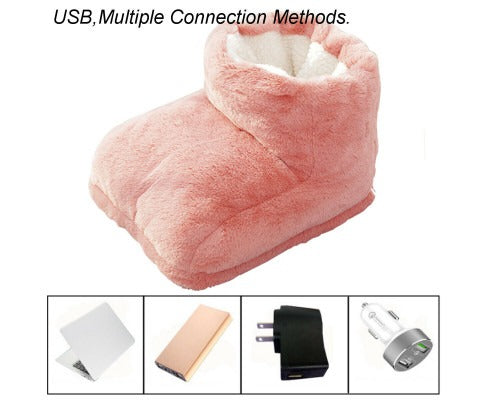 Fitlybuy pink plush electric foot warmer with USB, power bank, wall, and car adapter connection options.