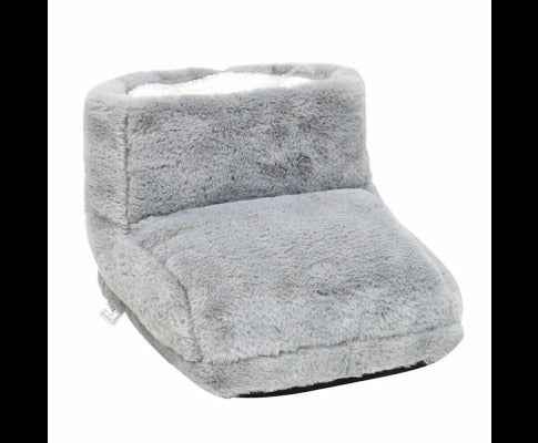 Fitlybuy gray faux-fur electric foot warmer with soft white interior lining, designed for cozy, heated comfort.