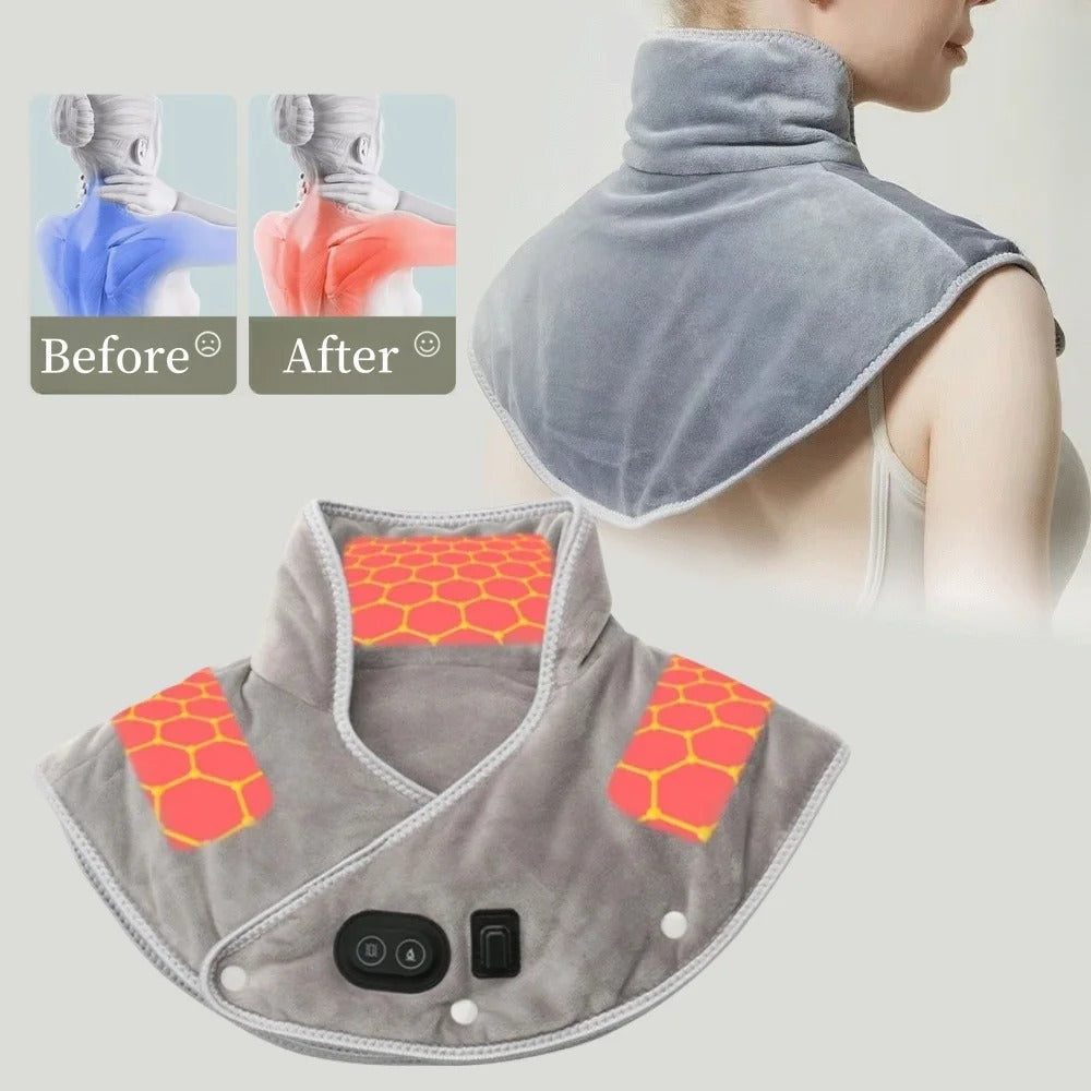 Grey Fitlybuy ThermaRelief heating pad for neck and shoulders with electronic controls and honeycomb heat zones.