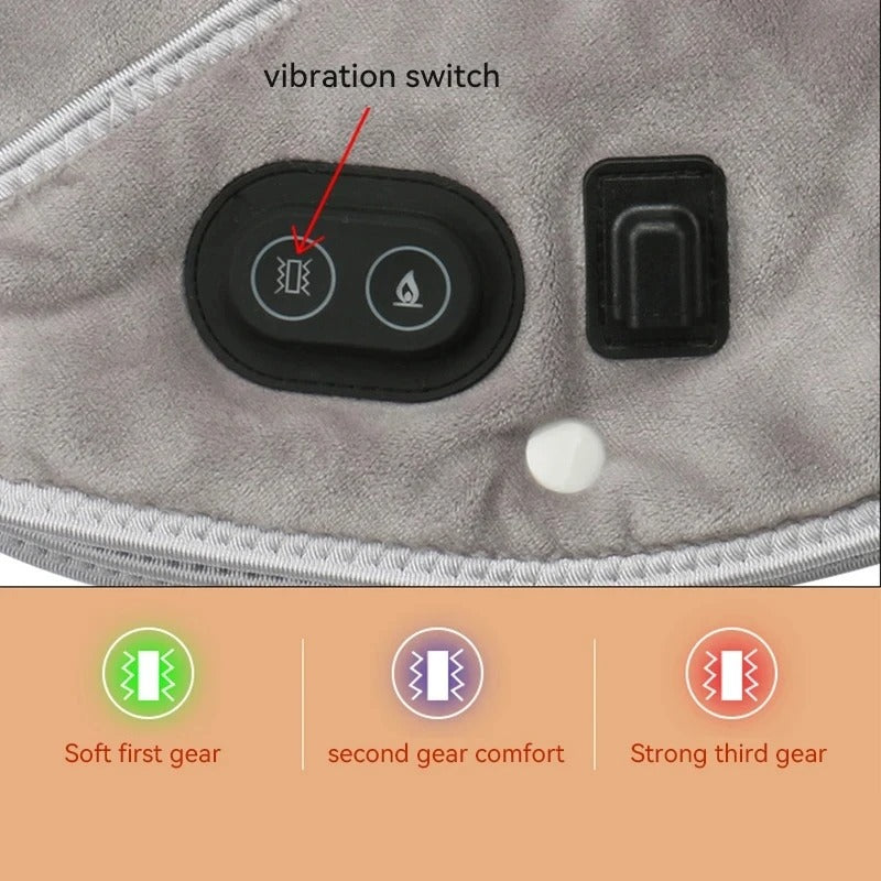 Fitlybuy ThermaRelief gray neck heating pad with vibration and heat control buttons showing three intensity settings.