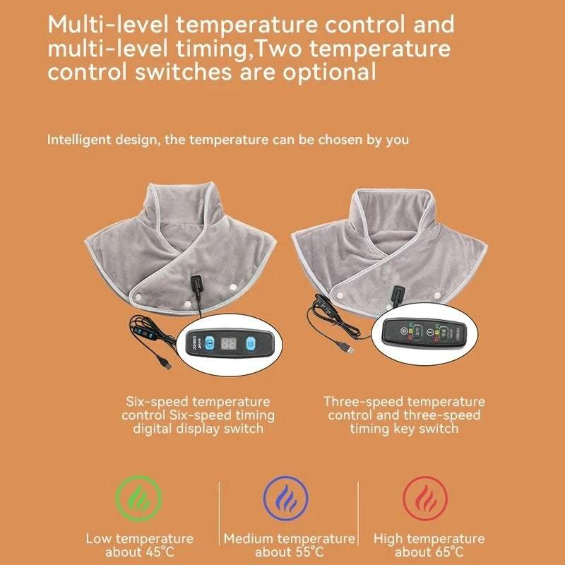 Fitlybuy ThermaRelief gray neck/shoulder heating pad with two controller options, digital and key-based, on orange.