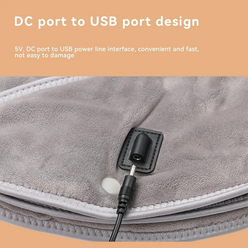 Fitlybuy ThermaRelief gray plush heating pad showing the DC to USB power cable connection point for heat therapy.