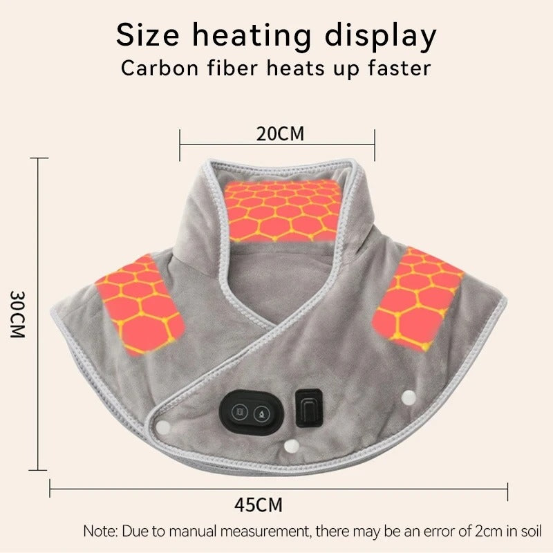 Fitlybuy ThermaRelief gray neck/shoulder heating pad with orange honeycomb heat zones and integrated control buttons.