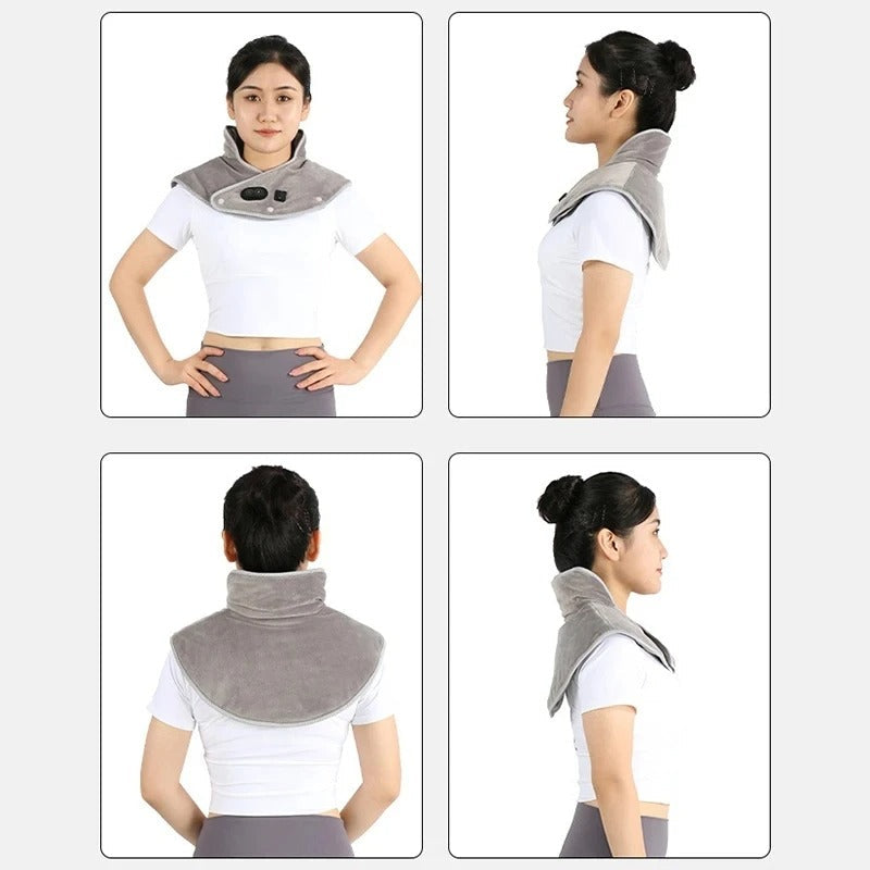 Woman wearing a grey, wrap-around Fitlybuy ThermaRelief heating pad with digital controls on the front.
