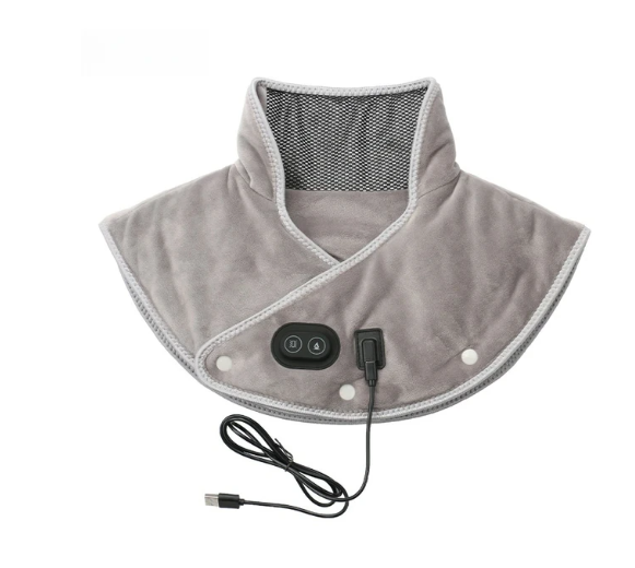 Grey ThermaRelief heating pad for neck and shoulders, featuring a USB cord, button controls, and snap-button closure.