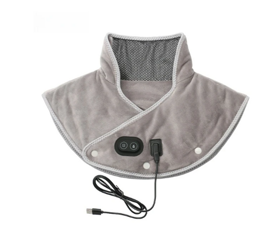 Grey ThermaRelief heating pad for neck and shoulders, featuring a USB cord, button controls, and snap-button closure.