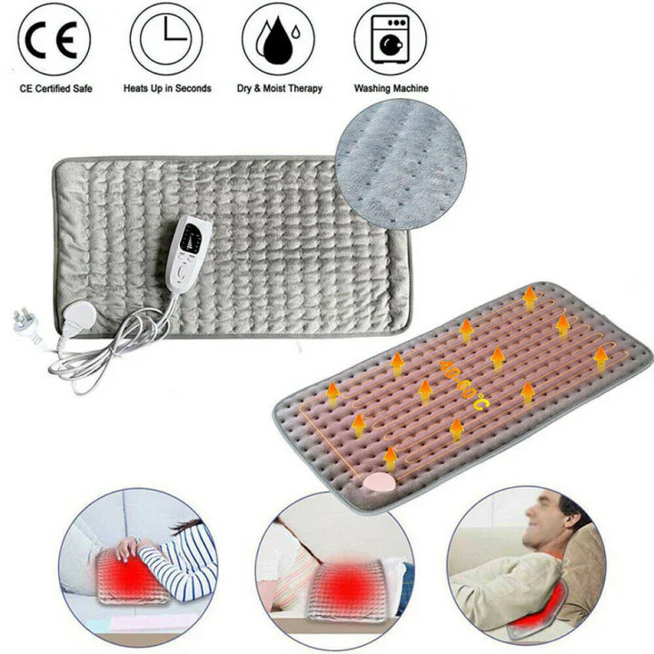 Grey Fitlybuy heated therapy pad with wired remote, showing heat settings and usage for back, neck, and muscle pain.