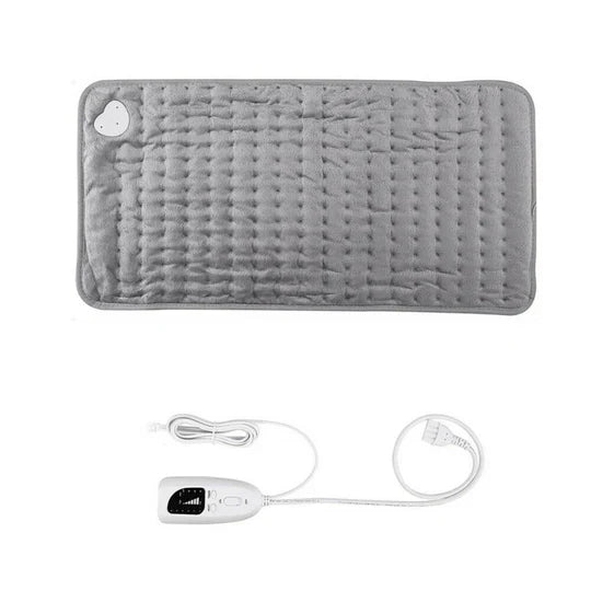 Grey Fitlybuy heated therapy pad with quilted texture, power cord, and digital controller for muscle relief.
