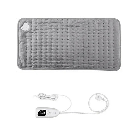 Grey Fitlybuy heated therapy pad with quilted texture, power cord, and digital controller for muscle relief.