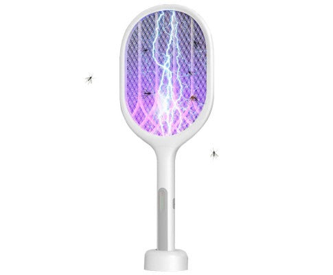 White Fitlybuy electric insect swatter with high-voltage TurboZap purple light zapping mosquitoes.
